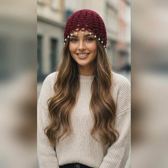 Crochet Beanie Faux Pearl Tassels Burgundy - Picture 8 of 10
